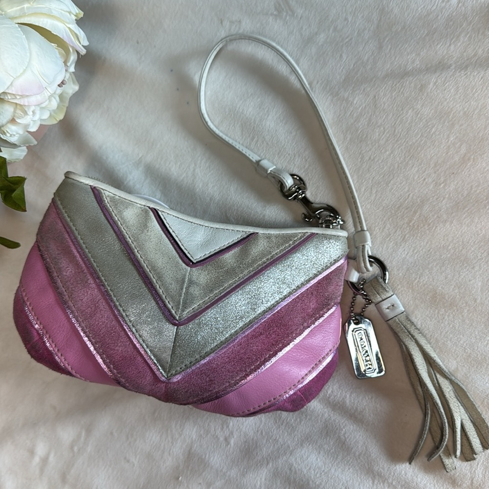 LIMITED EDITION Chevron Suede Metallic Leather PINK SILVER WHITE Coach